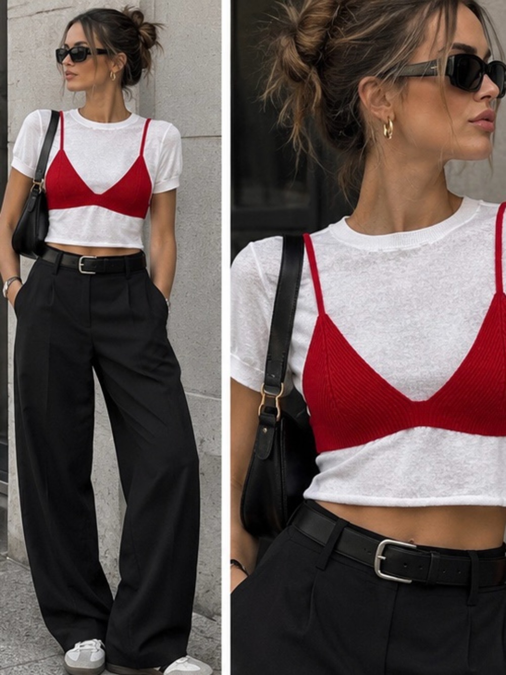 Women’s Red Ribbed Bralette Layered Over White Tee